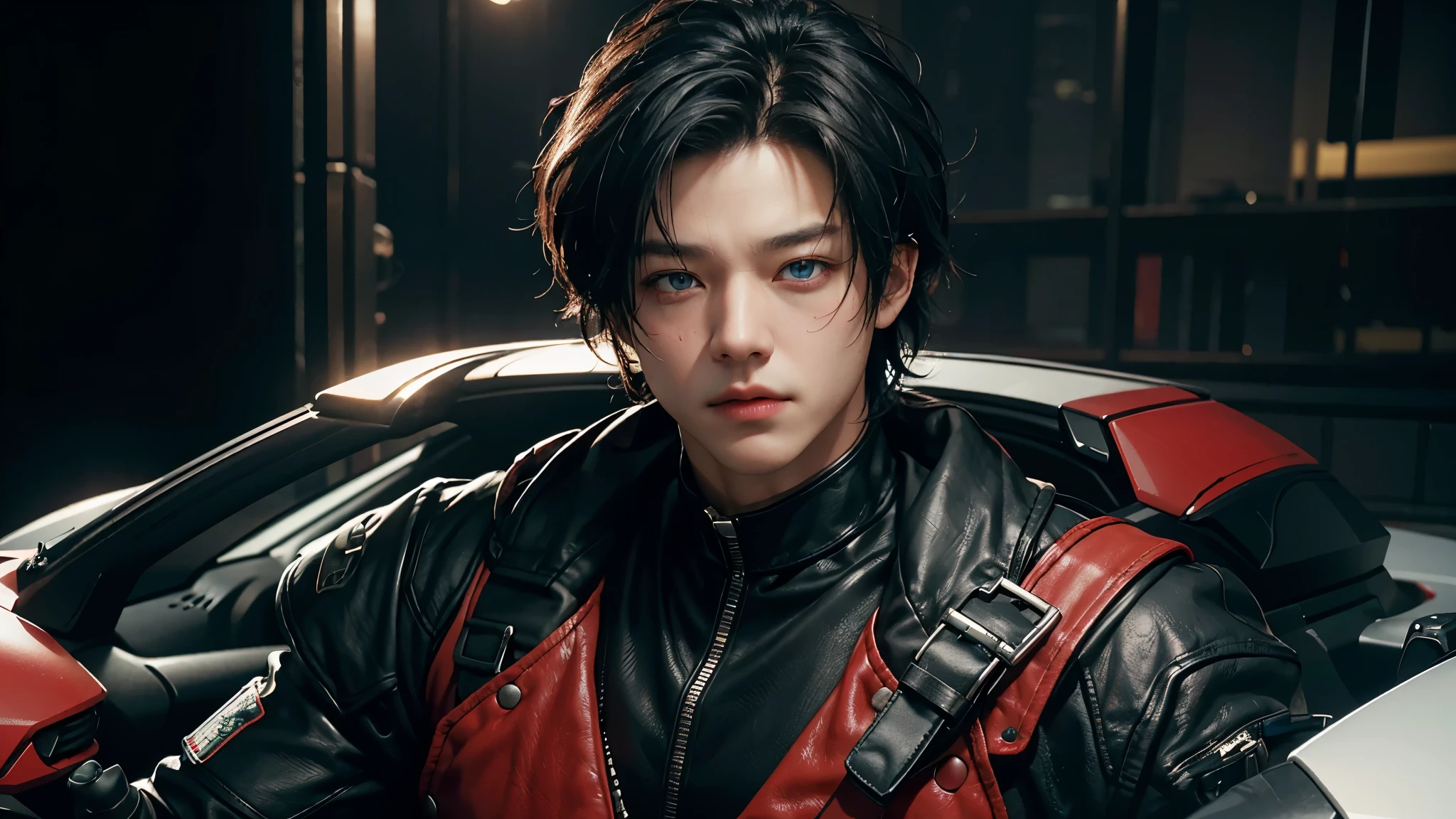 highest image quality, eye-catching details, ultra high resolution, (realism: 1.4), best illustrations, Offer details, 1 person per person, Masculinity, muscular arms, Cracks and marks on chest, Highly condensed into black and red wick kit, holding direction controller, riding a futuristic motorcycle, Korean, black hair, 25 years, Jeon Jungkook’s face, serious face, lock chin, Deep gaze, Masculinity, white, blue eyes, black hair, mark chin, male face.