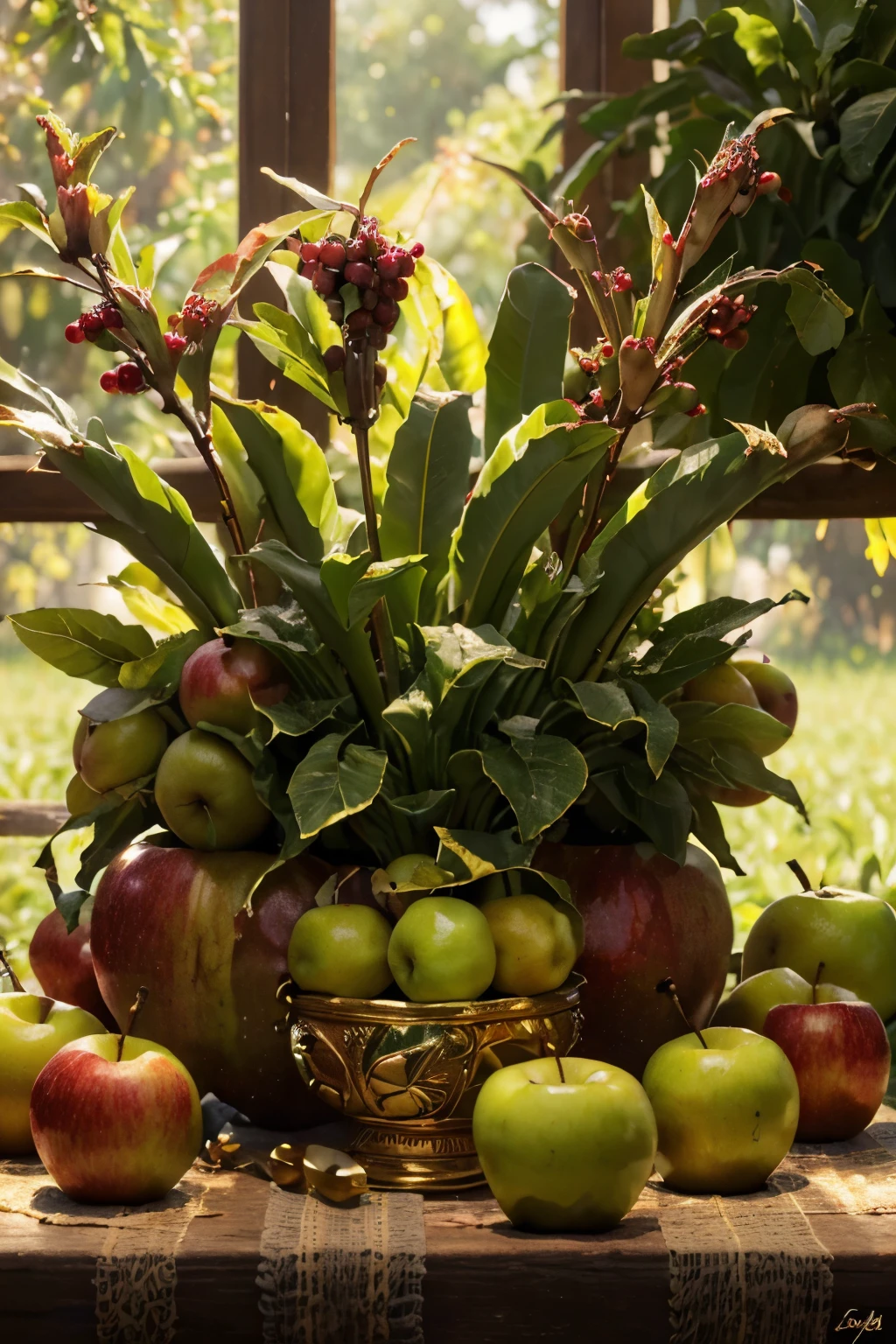 (a powerful god,god of creation),(beautiful and detailed apples,beautiful and detailed bananas),(divine and heavenly fruits),(best quality,ultra-detailed,highres),(vivid colors,rich tones),(soft and warm lighting),(oil painting),(still life),(fruits in a field),(golden apples,ripe bananas),(lush green grasajestic and heavenly atmosphere)