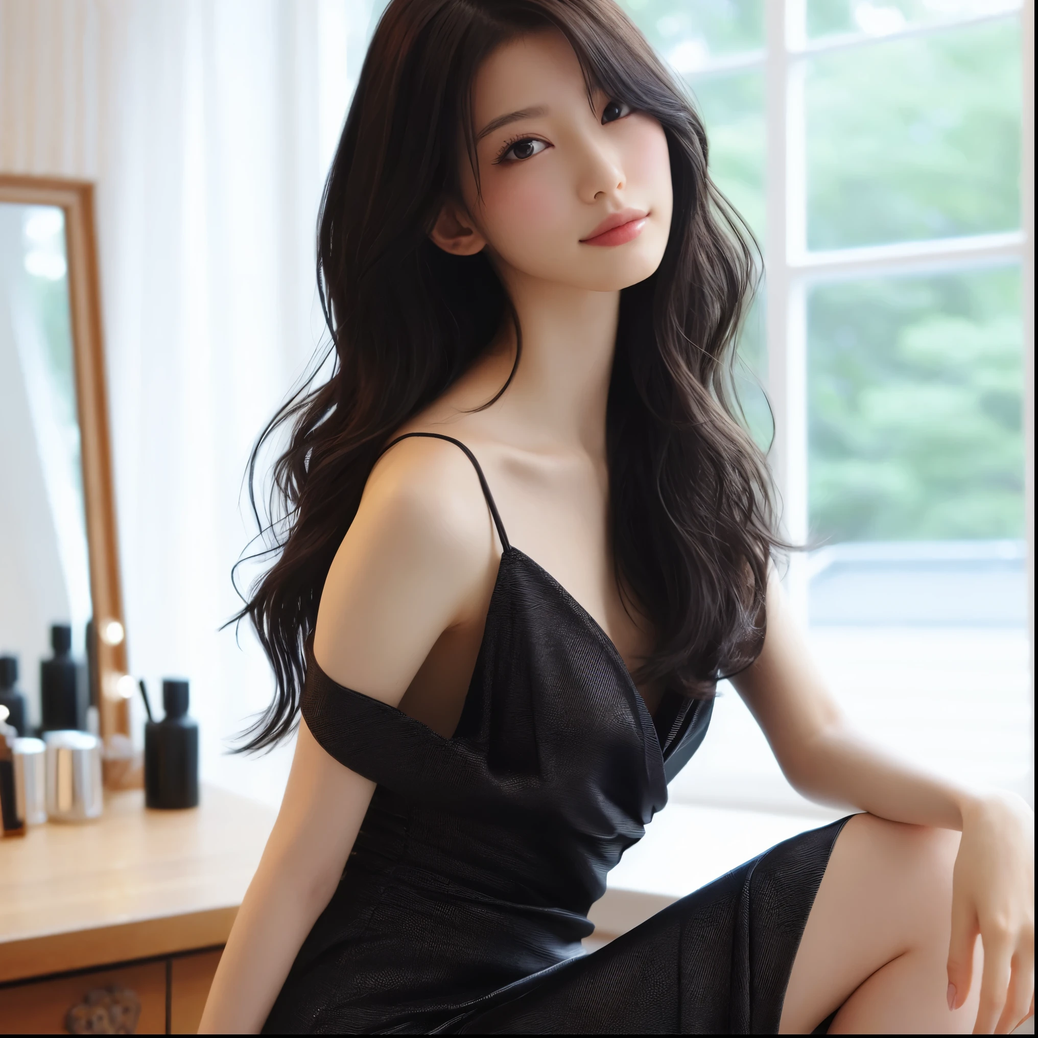 Asian woman wearing a black dress and sitting on a chair, gorgeous young korean woman, beautiful south korean woman, beautiful young korean woman, beautiful asian girl, korean girl, gorgeous chinese model, Cute elegant pose, long hair asian girl, beautiful girl model, beautiful model girl, korean woman, slim girl model photo, beautiful asian woman,In underwear