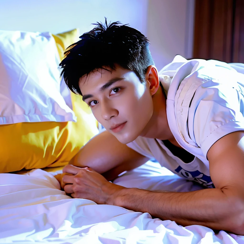 best qualtiy,(realisticlying:1.4), tmasterpiece, Kodak Portra 400, white bed sheet,Lie flat on the bed,(Face focus:1.3),1boys ,white skinned,Show muscles, posing on a, looking at viewert , sface focus