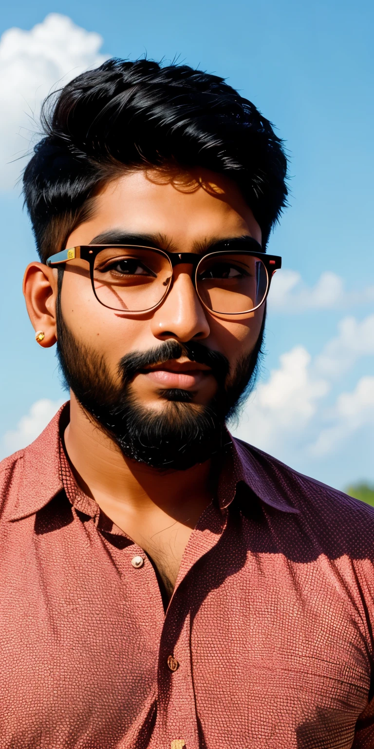 Realistic Indian 23 year old boy with beard, wears opticals.