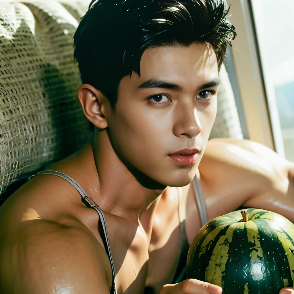 best qualtiy，（realisticlying：1.4）， tmasterpiece， Kodak Portra 400， （Face focus：1.3），1boys ，white skinned，Show muscles，Cool in summer，Eating watermelon， posing on a，Midjourney and greg rutkowski's Fujifilm XT3 realistic painting art