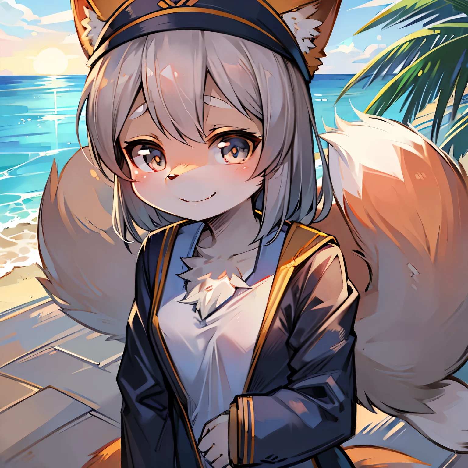 Bright outside，seaside，fox girl，female focus，Furry women，Furry ****，Characteristics of a three-year-old girl，Height 1.6 meters，gray hair，Bright Eyes，Sailor suit，sailor hat，One tail，Smile