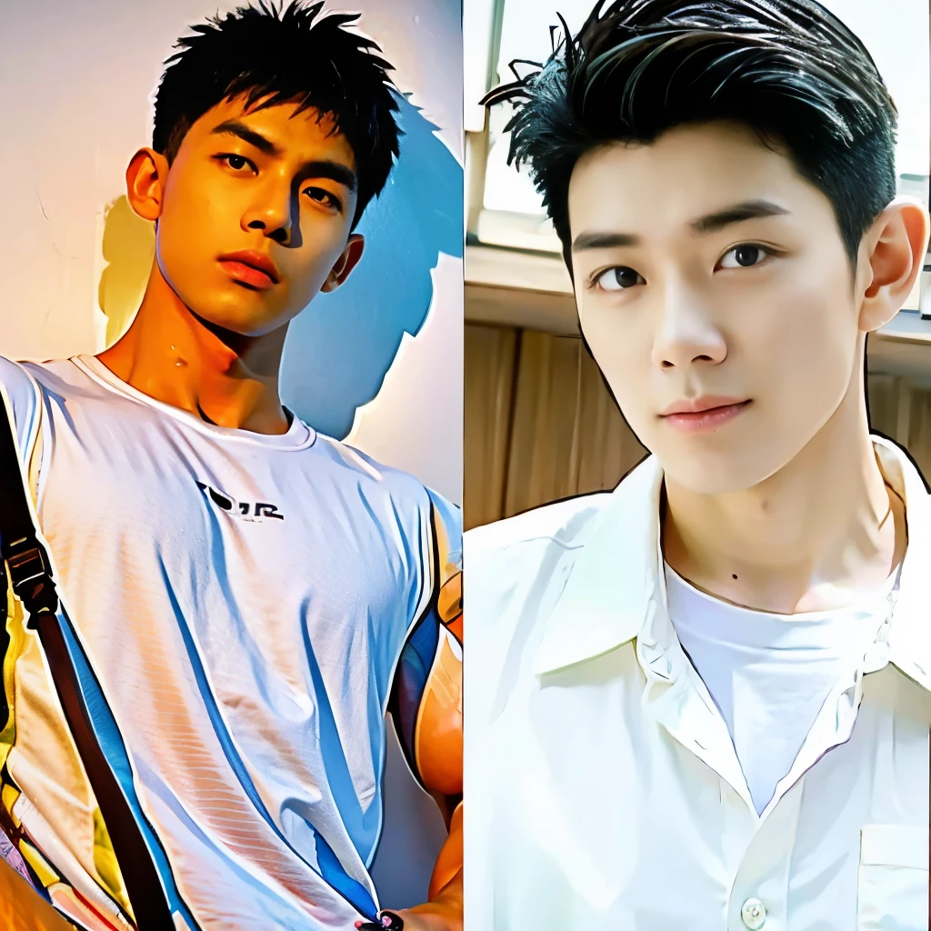 best qualtiy，（realisticlying：1.4）， tmasterpiece， Kodak Portra 400， white bed sheet，Lie flat on the bed,（Face focus：1.3），1boys ，white skinned，Show muscles， posing on a， looking at viewert ， sface focus
