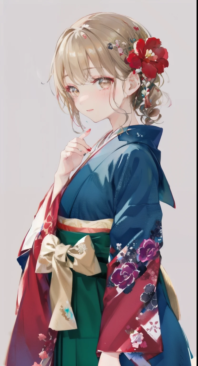 highest resolution、An illustration、1 girl、beautiful face、cute、white background、(watercolor:1.2)、2D、Upper body、Hakama、Her light brown hair is half-up.、red lipstick、Looks embarrassed、Azatoi、Moe sleeves、graduation ceremony、brown eyeoist eyes