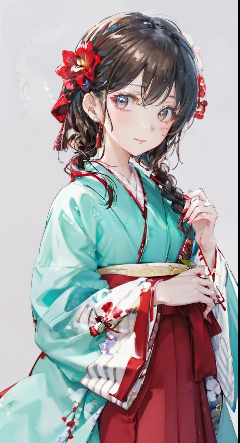 highest resolution、An illustration、1 girl、beautiful face、cute、white background、(watercolor:1.2)、2D、Upper body、Hakama、Her light brown hair is half-up.、red lipstick、Looks embarrassed、Azatoi、Moe sleeves、graduation ceremony、brown eyeoist eyes