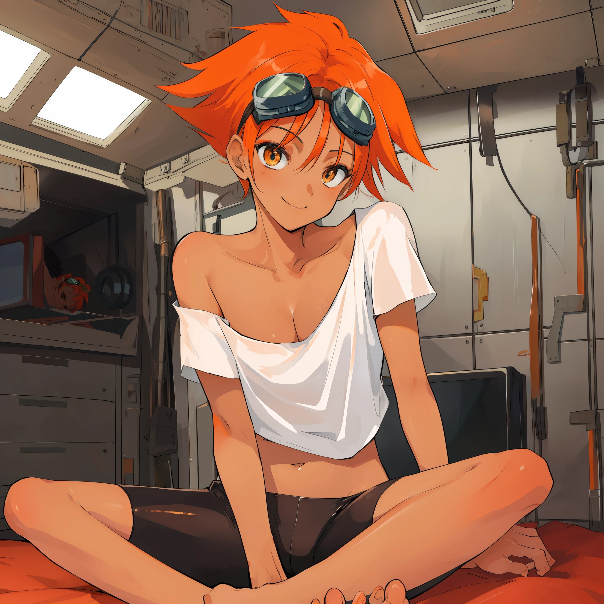 Edward,sitting on floor, laptop in front, midriff,orange hair,white shirt,off shoulder,collarbone,tan skin, black bike shorts,(((goggles on forehead))) barefoot, brown eyes, space station,engine room, smiling, bedroom eyes, cleavage (insanely detailed, beautiful detailed face, masterpiece, best quality),