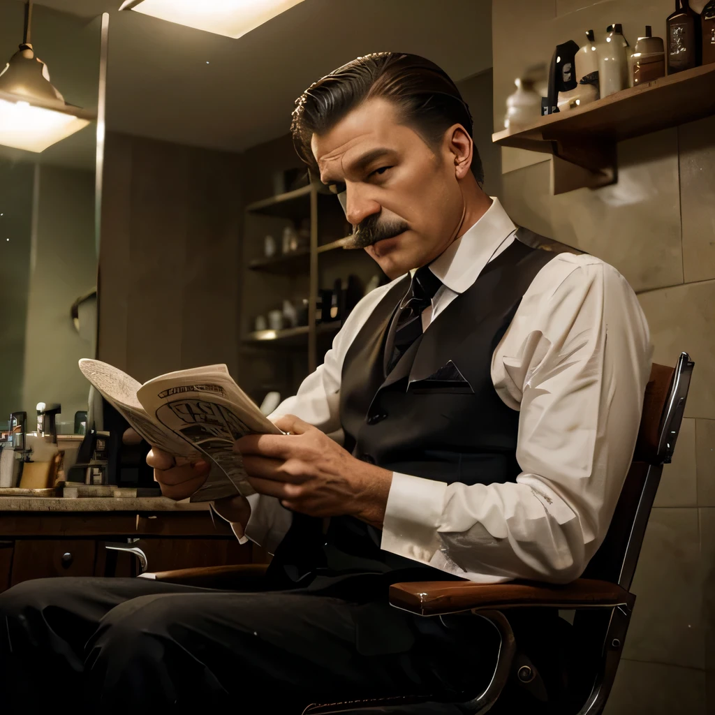 (a) A distinguished gentleman from the mid-20th century, wearing a tailored suit, sitting in a classic barbershop, reading a newspaper [nostalgic, vintage:1.1]. 
(a) The gentleman has a perfectly groomed mustache and a neatly combed slicked-back hairstyle [well-groomed, polished]. 
(a) The barbershop is adorned with vintage barber chairs, retro signage, and traditional grooming tools [timeless, retro:1.1].
(a) The gentleman is sitting in a vintage leather chair, holding a newspaper with a serious expression on his face [serious, dignified]. 
(a) The black and white photograph captures the essence of the mid-20th-century era, with its classic composition and dramatic lighting [classic composition, dramatic lighting]. 
(a) The photograph is of the highest quality, allowing for the finest details to be visible [best quality, high resolution]. 
(a) The lighting in the barbershop casts soft shadows, creating an atmosphere of nostalgia and sophistication [soft shadows, nostalgic atmosphere]. 
(a) The photograph exudes a sense of timelessness, as if it could belong to any era [timeless, ageless].

（best picture quality、4k、8k、HD、masterpiece:1.2），Super detailed description，Extremely detailed，lifelike，Shoot real:1.37。