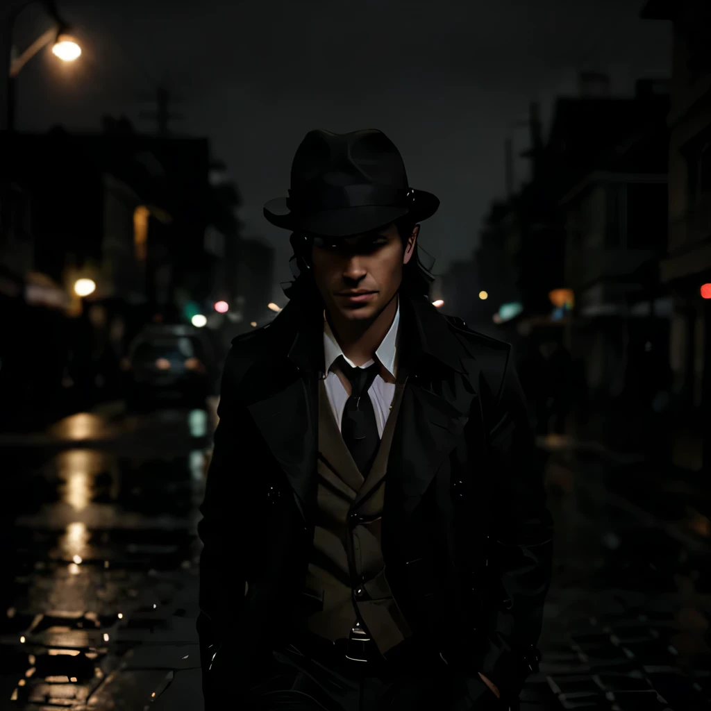 A noir detective, in a trench coat and fedora, under a streetlamp on a rainy night, looking off into the distance, with a mysterious aura, in a cinematic black and white setting.