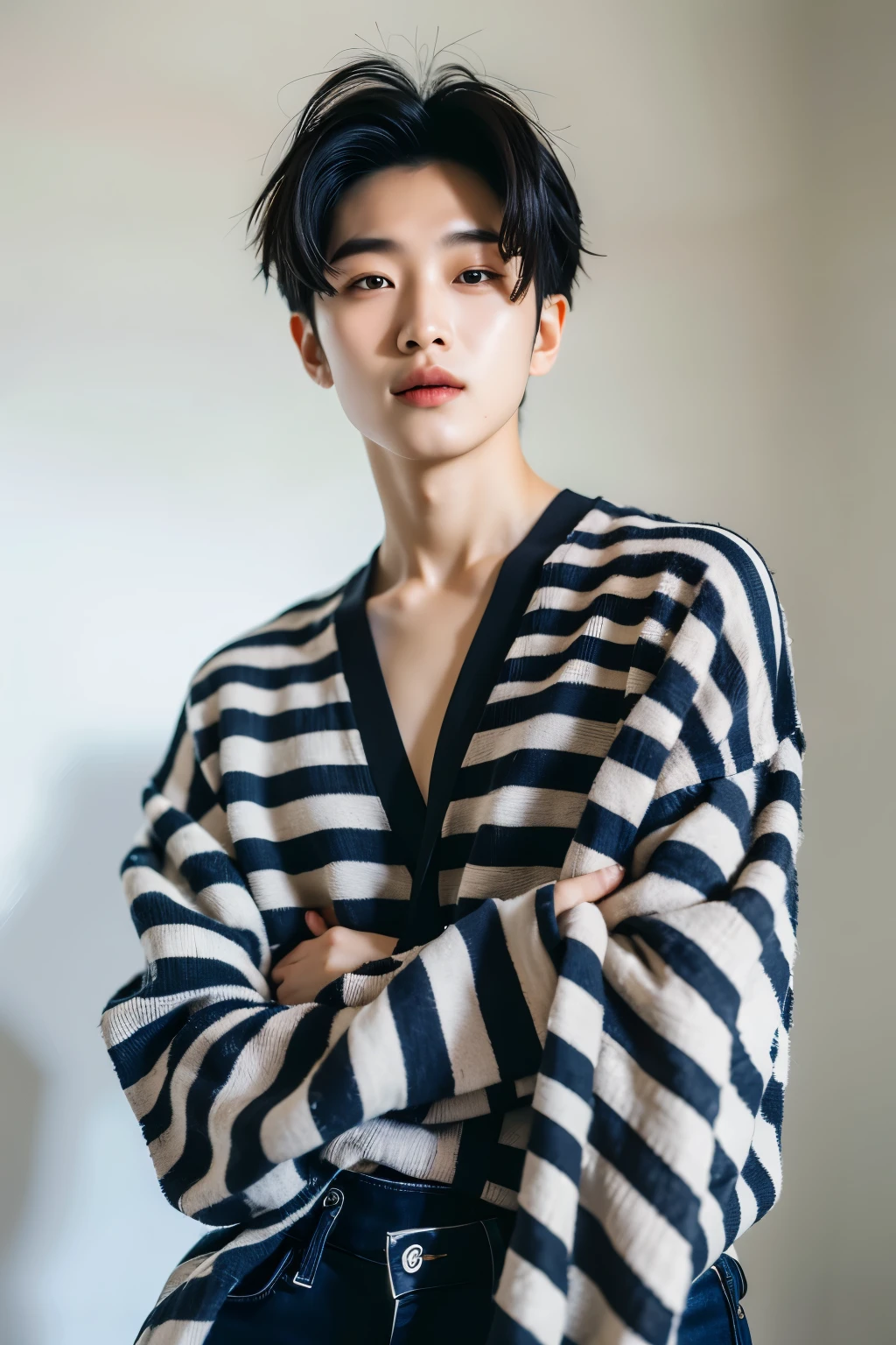 1 korean male, alone, black hair, jewelry, simple background, realistic, parted lips, looking at the viewer, lips, gray background, karma hair, striped, black eye, long sleeve, sleeves go over wrists,KPOP,smile