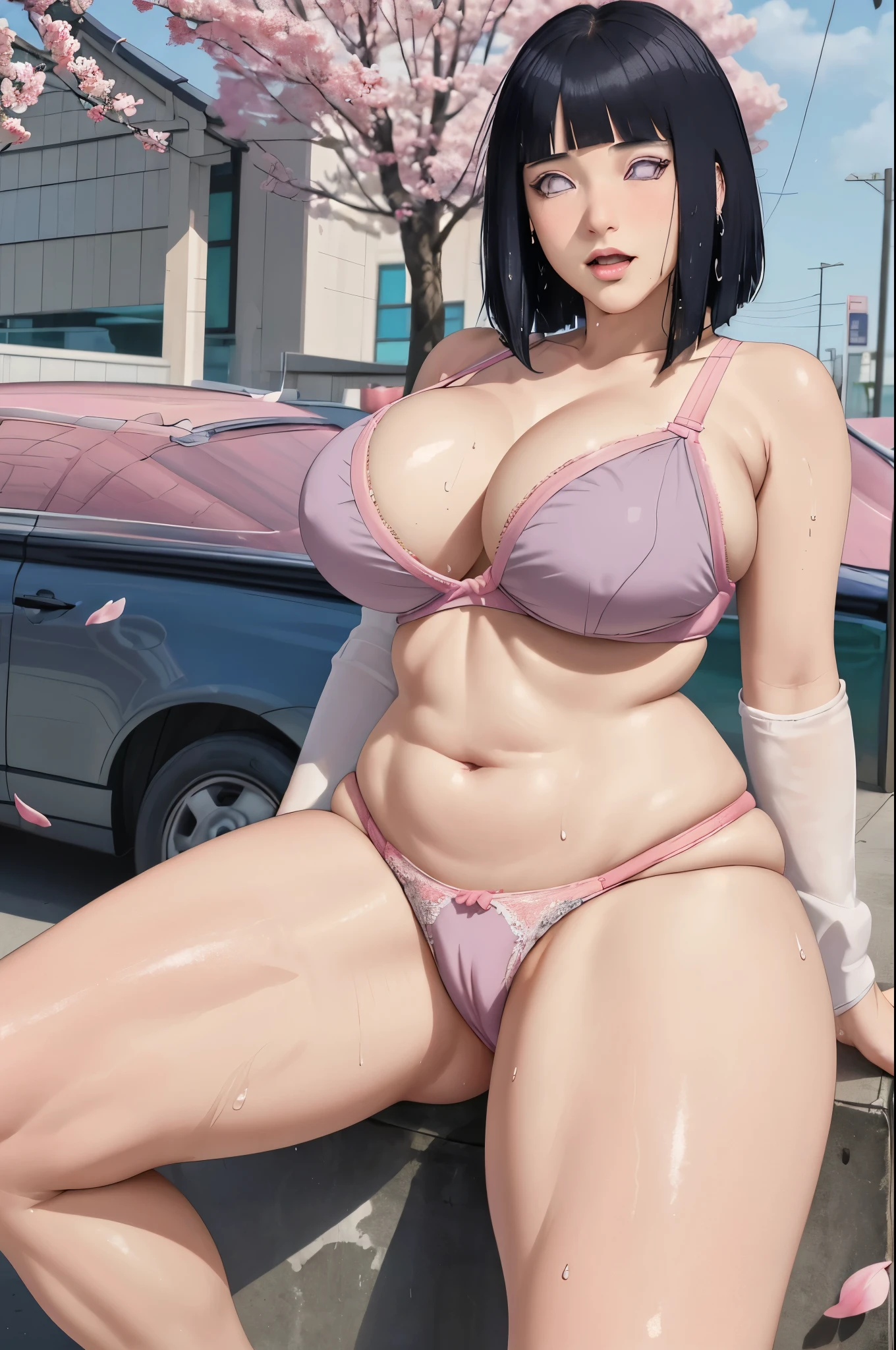masterpiece, absurdres, hinata\(boruto\), 1girl, solo,mature female, wear small size bra, looking at viewer, (falling petals), perfect composition, detailed lips, big huge large massive size of breast, beautiful face, body propotion, blush, (pink lips), long hair, purple eyes, soft gaze, super realistic, detailed, photoshoot, realistic face and body, sexual expression, seductive expression, thick bbw chubby. open leg widely.wet panties, orgasm, squirt, hairy pussy, lactation, gstring panties.