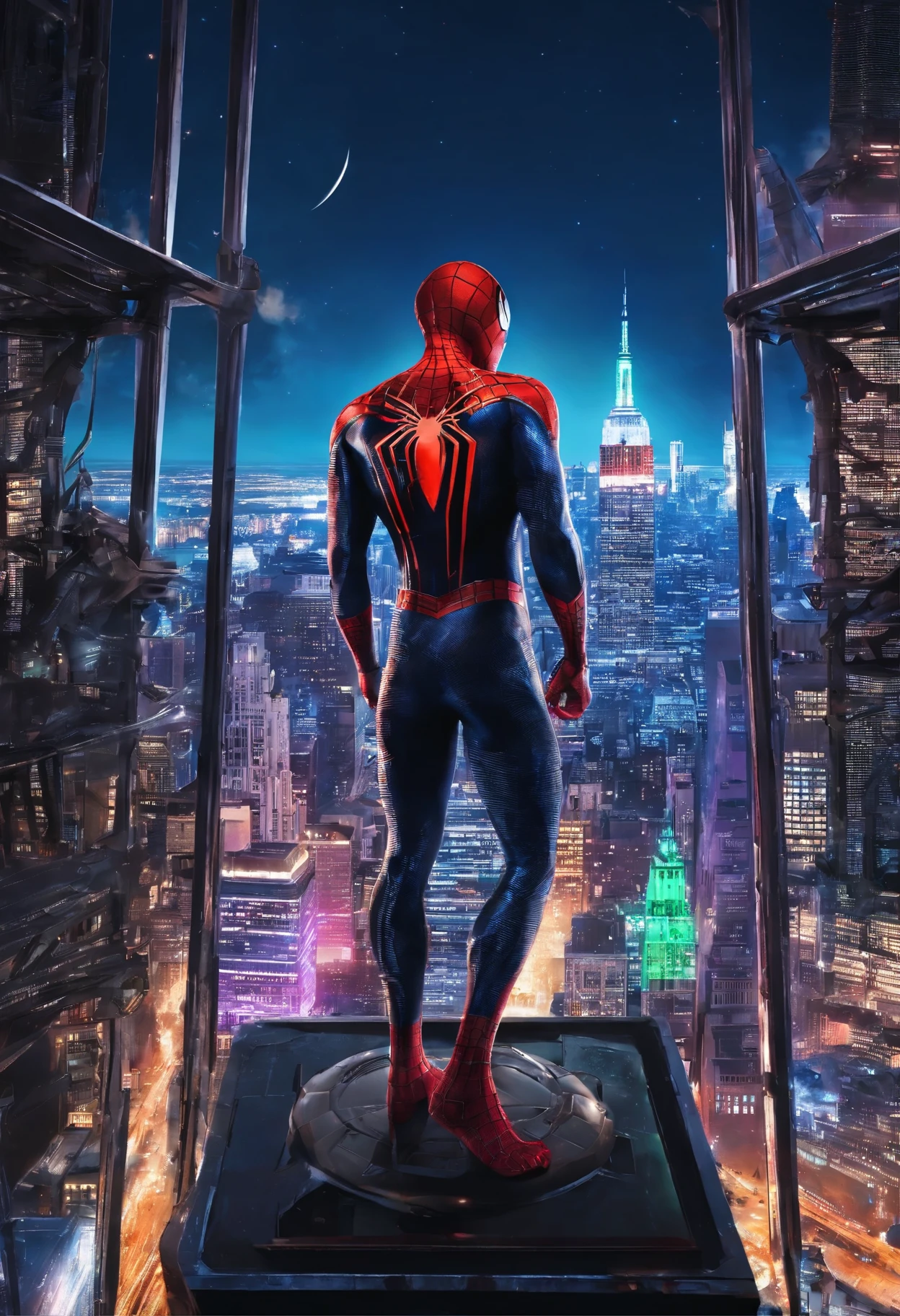 Spiderman standing ontop of the empire state building looking down on NYC as he holds on with one arm, cinematic, moon night, epic meteor in sky,