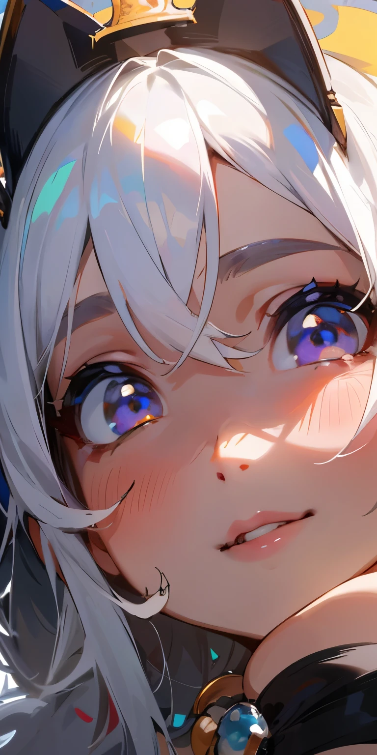 primer plano de un hermoso rostro femenino, bonitos ojos, intrincado, escote, labios suaves, sonriente, Travieso, mirada seductora, pecas, corona, joyas con grandes pechos