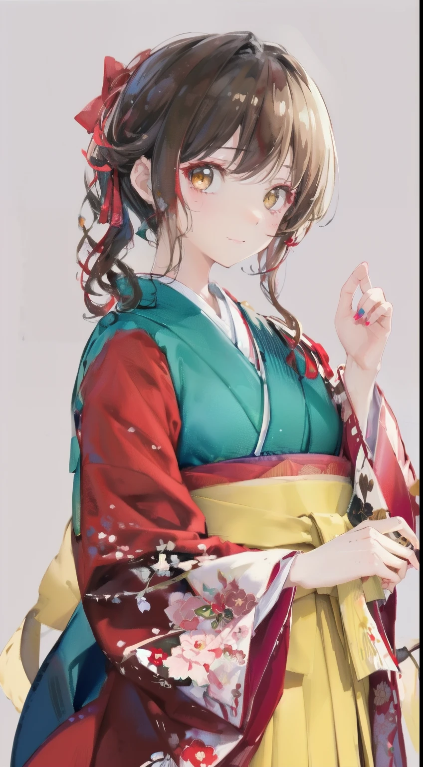 highest resolution、An illustration、1 girl、beautiful face、cute、white background、(watercolor:1.2)、2D、Upper body、Hakama、yellow kimono、Her light brown hair is half-up.、red lipstick、see-through bangs、Looks embarrassed、Azatoi、Moe sleeves、graduation ceremony、brown eyeoist eyes