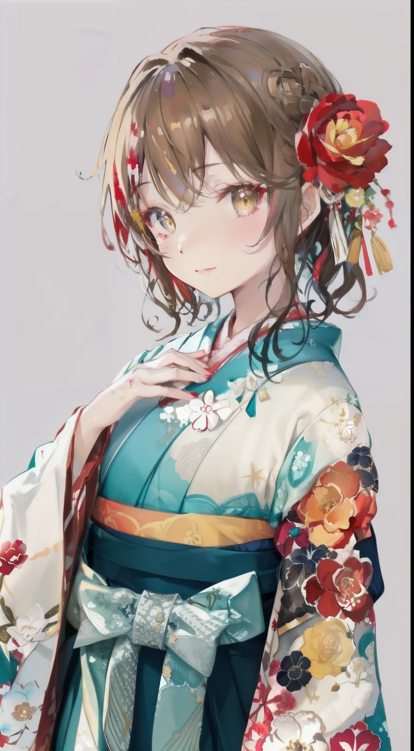 highest resolution、An illustration、1 girl、beautiful face、cute、white background、(watercolor:1.2)、2D、Upper body、Hakama、yellow kimono、Her light brown hair is half-up.、red lipstick、see-through bangs、Looks embarrassed、Azatoi、Moe sleeves、graduation ceremony、brown eyeoist eyes