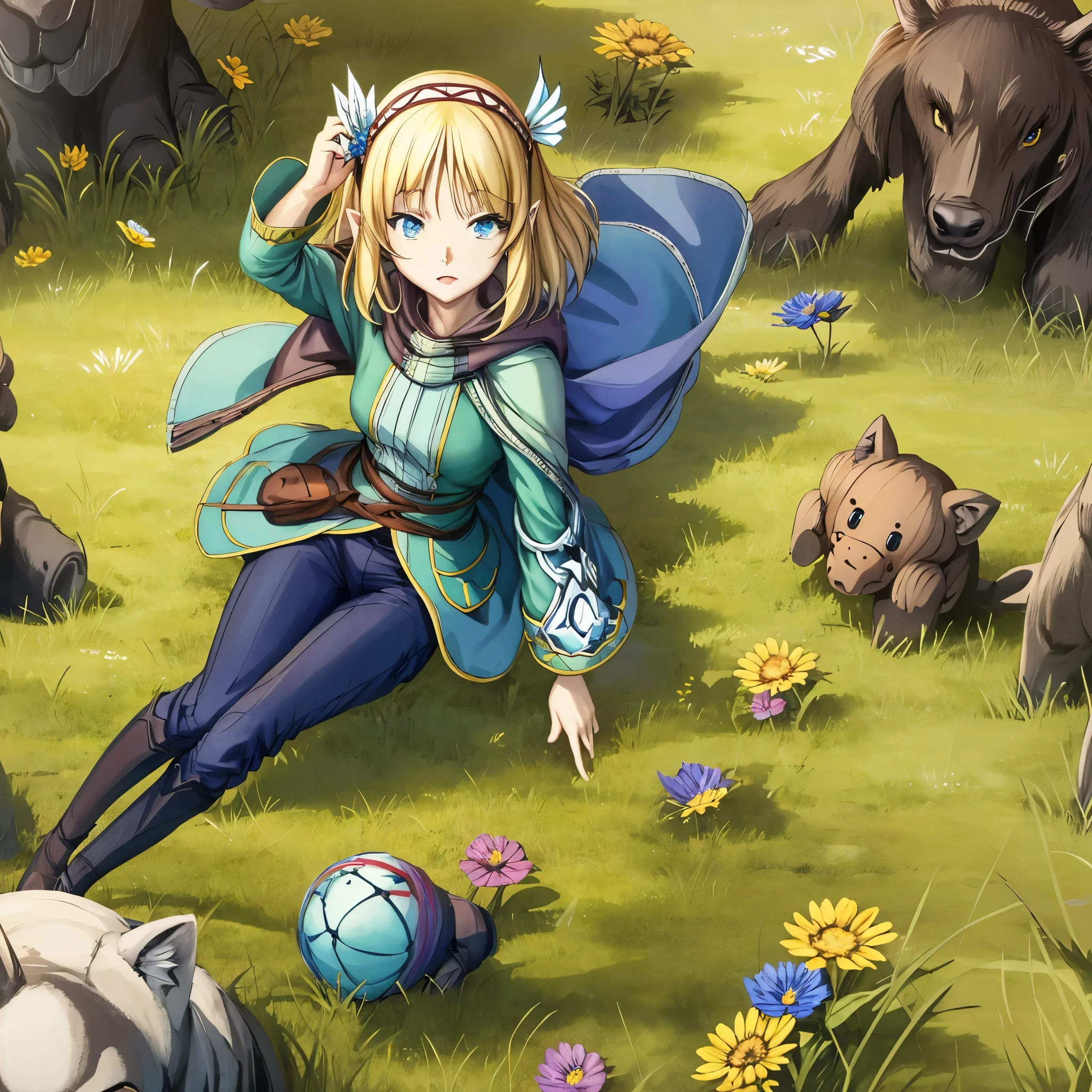 Anime girl with flowers, Cute anime waifu in a nice dress, in dress, rem rezero, offcial art, Anime princess, , beatrice blue, zerochan art, royal elegant pose, official artwork, splash art anime , Pisif, Kushatt Krenz Key Art Women, detailed fan art, Beautiful age girl, , 1girl, cayna, blonde hair, short hair, blue eyes, hair ornament, very pointy ears