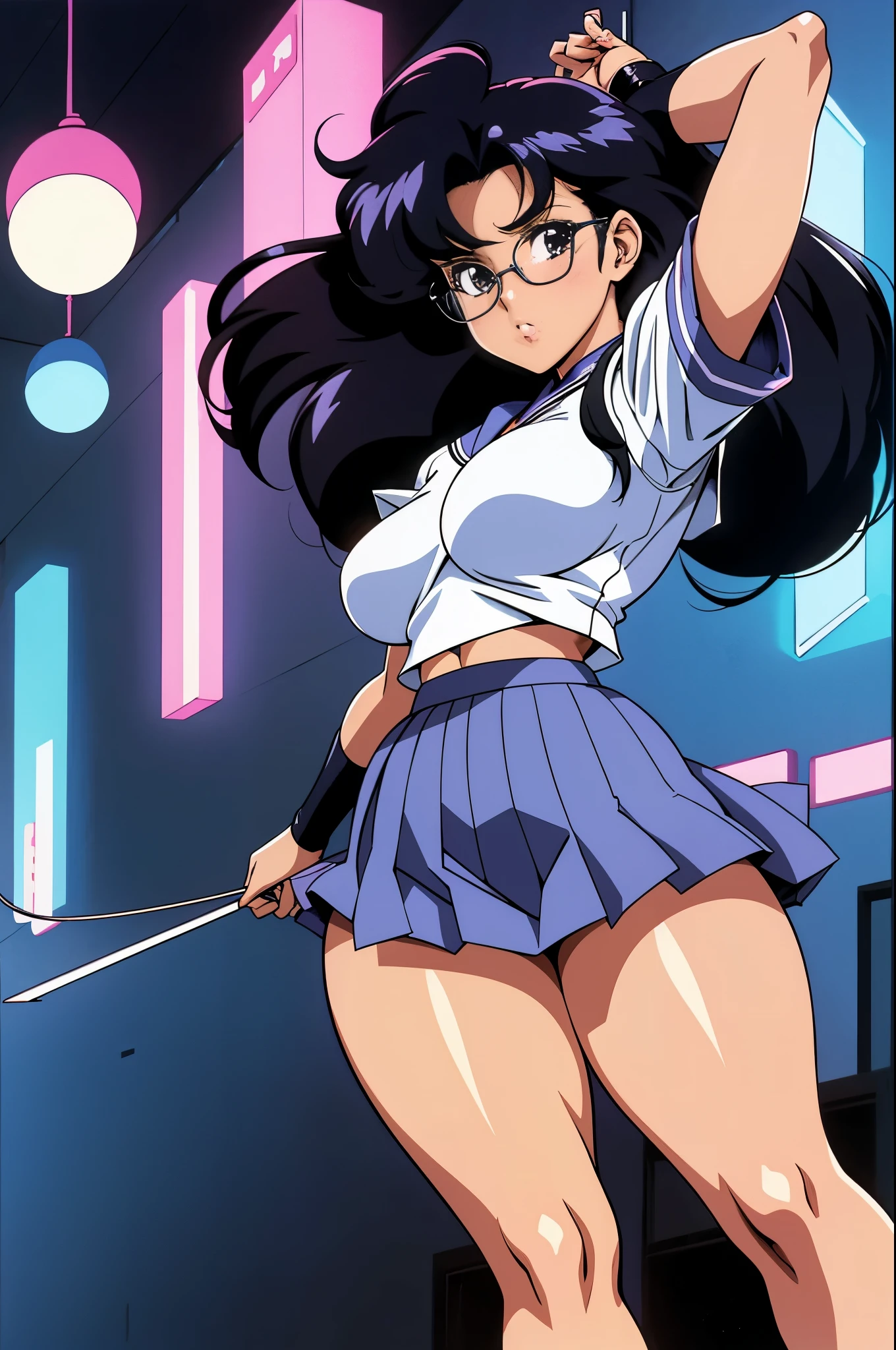 pretty girl from an 80s anime, 80s anime fog, static like from an 80s anime, 1980s \(style\), long hair, action anime, thick thighs, skirt,  outfit, school girl sailor outfit, young girl, black hair, glasses, nerdy woman, black and white  outfit