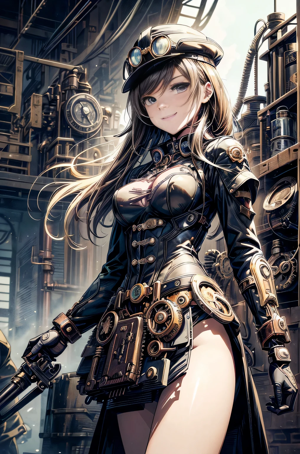(comic book style),(line drawing_anime),(cowboy shot, highest quality, ),(Laura Budd Photo:1.2),(Laura Add Details:1.0),8k, flat color:0.8,1 girl,smile、(Highly decorative and complex mechanical steampunk fashion, lace flare dolphin hat、goggles 1.5、machinery background、Gear background、complex mechanized steampunk factory、1.5)
