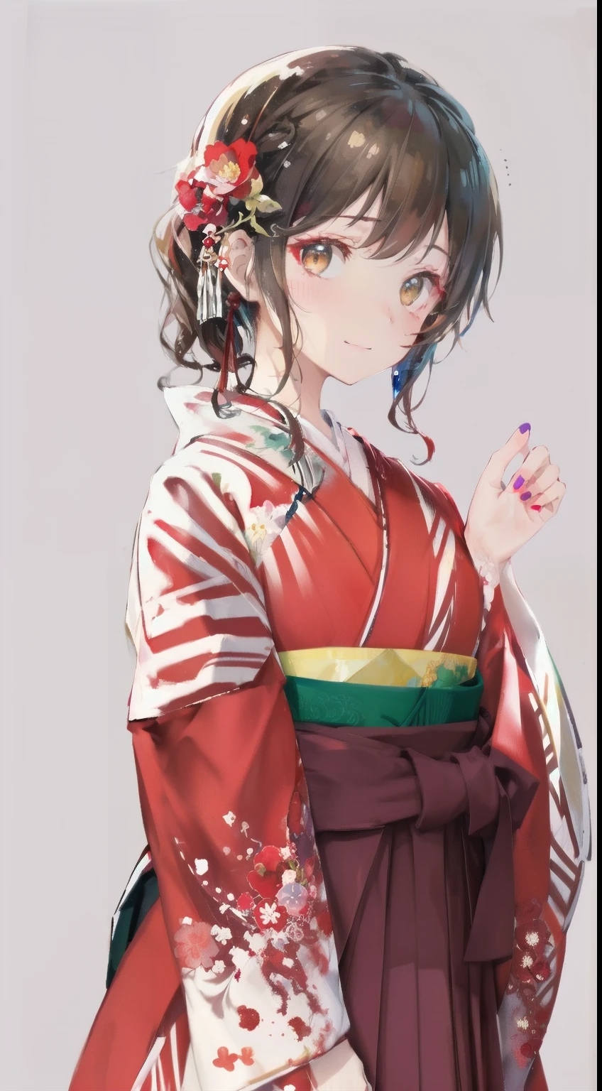 highest resolution、An illustration、1 girl、beautiful face、cute、white background、(watercolor:1.2)、2D、Upper body、Hakama、yellow kimono、Her light brown hair is half-up.、red lipstick、see-through bangs、Looks embarrassed、Azatoi、Moe sleeves、graduation ceremony、brown eyeoist eyes