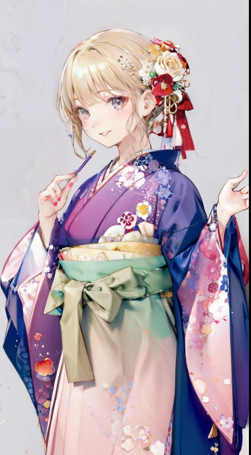 High resolution、An illustration、1 girl、beautiful face、cute、white background、2D、Hakama、pink kimono、ネイビーのHakama、all back、Upper body、gal、(wheat-colored skin:1.2)、Makeup、blonde hair、pink lipstick、grinning、graduation ceremony、black eyes、