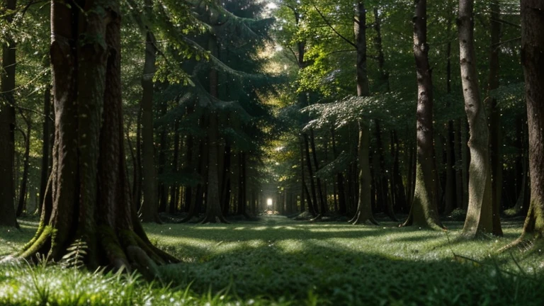 A mysterious and enchanted forest at dawn, the first rays of the sun make their way through the trees, creating a golden light that illuminates the leaves. Birds sing softly in the branches, while squirrels prepare for an active day. Ferns and mosses carpet the forest floor, creating an emerald green carpet. Image format 2560 x 1440 pixels.