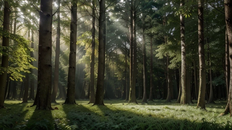 A mysterious and enchanted forest at dawn, the first rays of the sun make their way through the trees, creating a golden light that illuminates the leaves. Birds sing softly in the branches, while squirrels prepare for an active day. Ferns and mosses carpet the forest floor, creating an emerald green carpet. Image format 2560 x 1440 pixels.