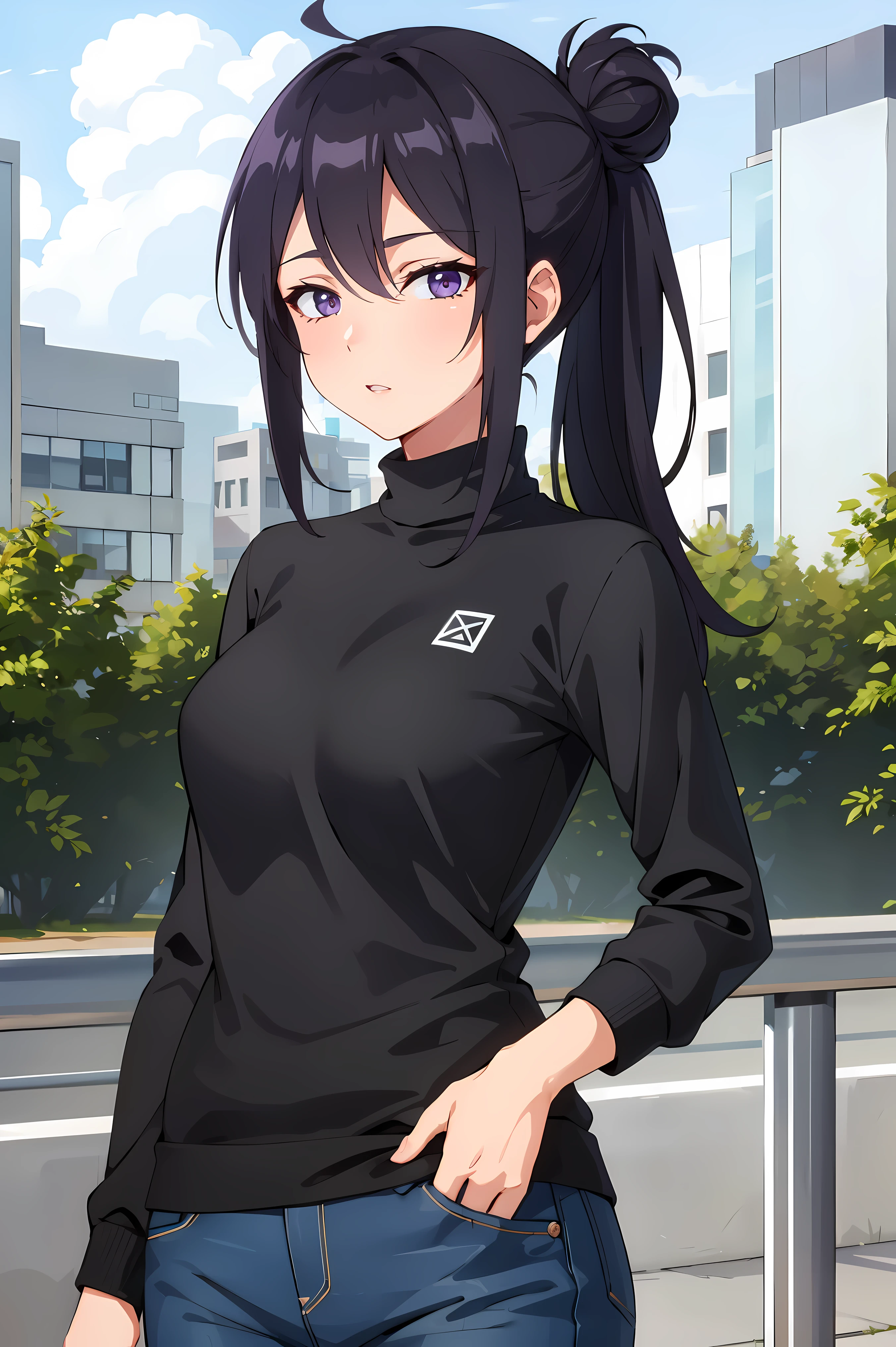 tall body, tall, long legs, adult female, adult, mature, eft_shikimori_mom, 1girl, upper body, solo, purple eyes, pants, curtains, long hair, jeans, black hair, single hair bun, hair bun, denim, clothes black, shirt, , solo focus, looking at viewer, ponytail, blue pants, turtleneck, alternative hairstyle, purple hair, plant, long sleeve, black sweater, cowboy shot, sweater, big , bangs, in the park