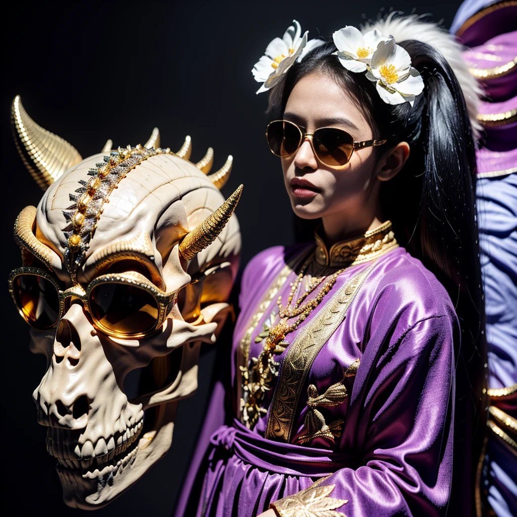 On snowy nights,32k(masterpiece,HD,Ultra high quality,32k)Purple-pink double ponytail,flower stick,Indigo Skull King ,mahogany steering wheel (The skeleton is very realistic:1.4),crocodile print robe,Rusty skull ornaments,Sand gold linen cloak,petals flying,Deep gold sunglasses,Hold your head high,worthy of pride,Look at people through nostrils,A and secondaresolution,Xueba, detail, RAW photos, Sharp Re, Nikon D850 film photo by Jefferies Lee 4 Kodak Portra 400 camera F1.6 guns, colorful, Ultra-realistic and vivid textures, dramatic lighting, Unreal Engine Art Station Trend, Sinest 800,Hold your head high,side,worthy of pride,Look at people through nostrils,arrogant,petals flying,petals flying,Gold dusted crocodile,Fluttering,Impeccable,( Reasonable design, clear lines, HD晰度,best quality, Very detailed skeleton, masterpiece的骨架, official art, movie lighting effects, 8K crocodile skeleton(((Platinum marble sunglasses)))Deep gold sunglasses,side肖像