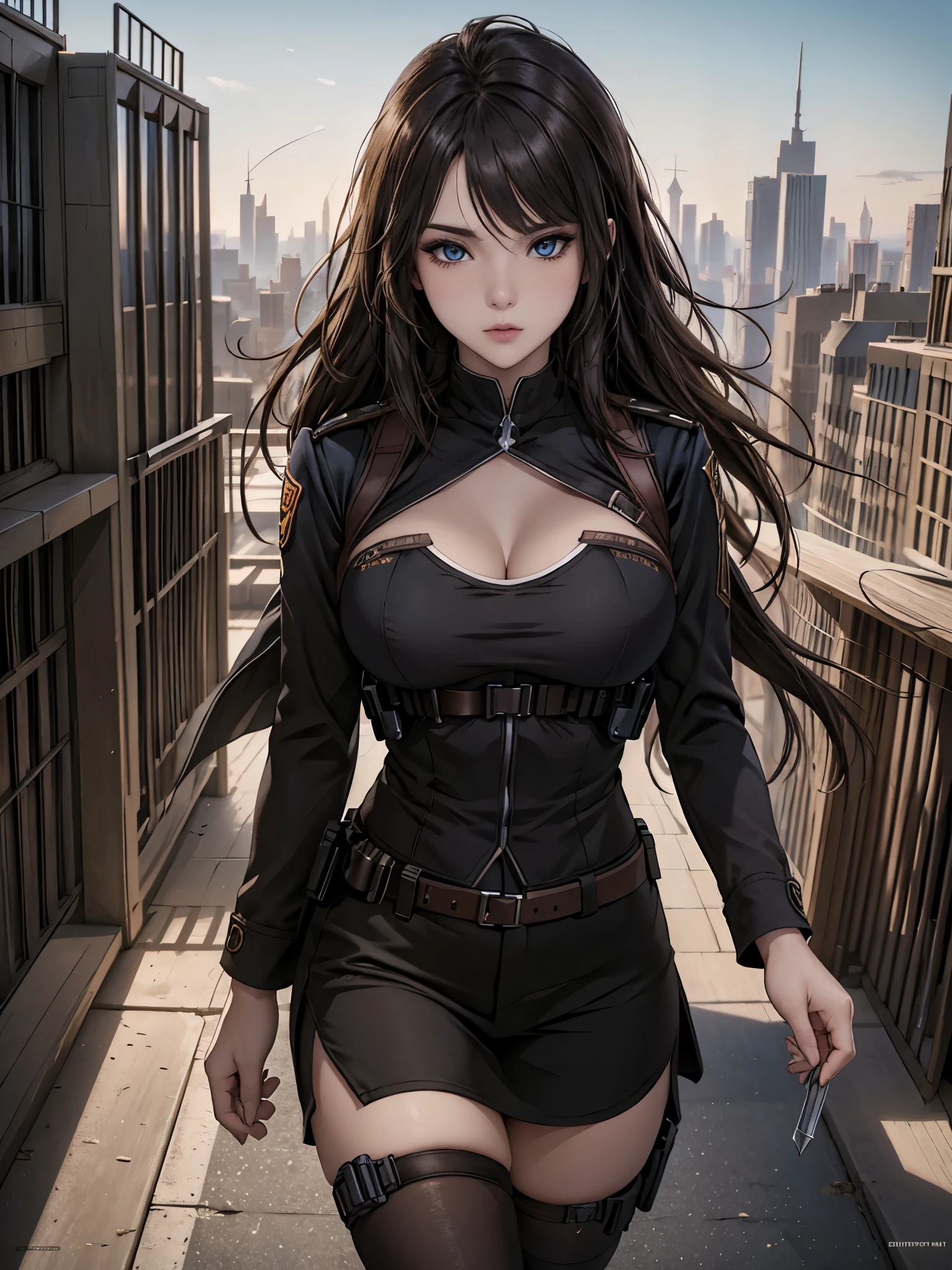 A detailed CG Unity 8k wallpaper, a masterpiece, the highest quality, ultra-detailed, the best illustration, the best shadows, a cowboy shot, sharp eyeliner, eyeshadow, detailed eyes, a city background, destruct, mod3 (Girls' Frontline), .