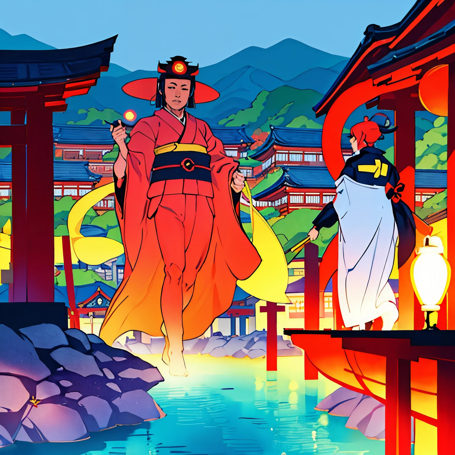 Kyoto depicted in ukiyo-e、matsuri、The background is the sea and the sun、Fluorescent color、ciber、Two robots wearing kimonos in the center、YY Logo、ciber、