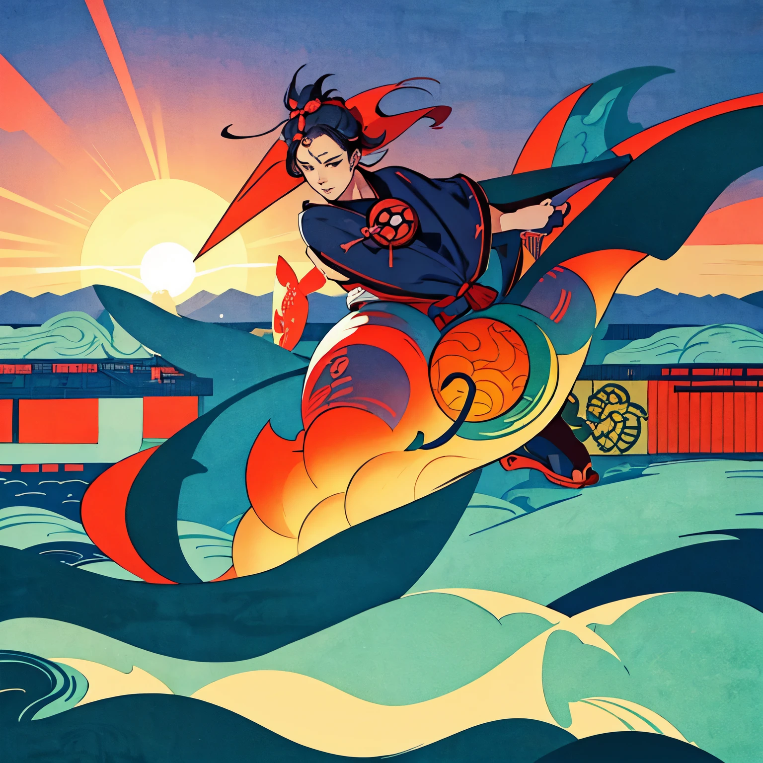 Kyoto depicted in ukiyo-e、matsuri、The background is the sea and the sun、Fluorescent color、ciber、Two robots wearing kimonos in the center、YY Logo、ciber、