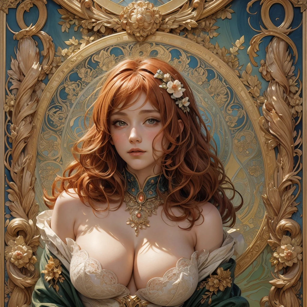 European woman's face portrait, long curly hair, blonde, flower frame, decorative panel, abstract art, by Alphonse Mucha (masterpiece, highest quality, high resolution: 1.4), detailed, intricate details, 4K, color splash, line art, Fibonacci, in underwear, (subtle nudity:0.8), nsfw, perfect breast, big breast, cleavage:1.3; hinata:1.1, (ginger hair:1.2)
