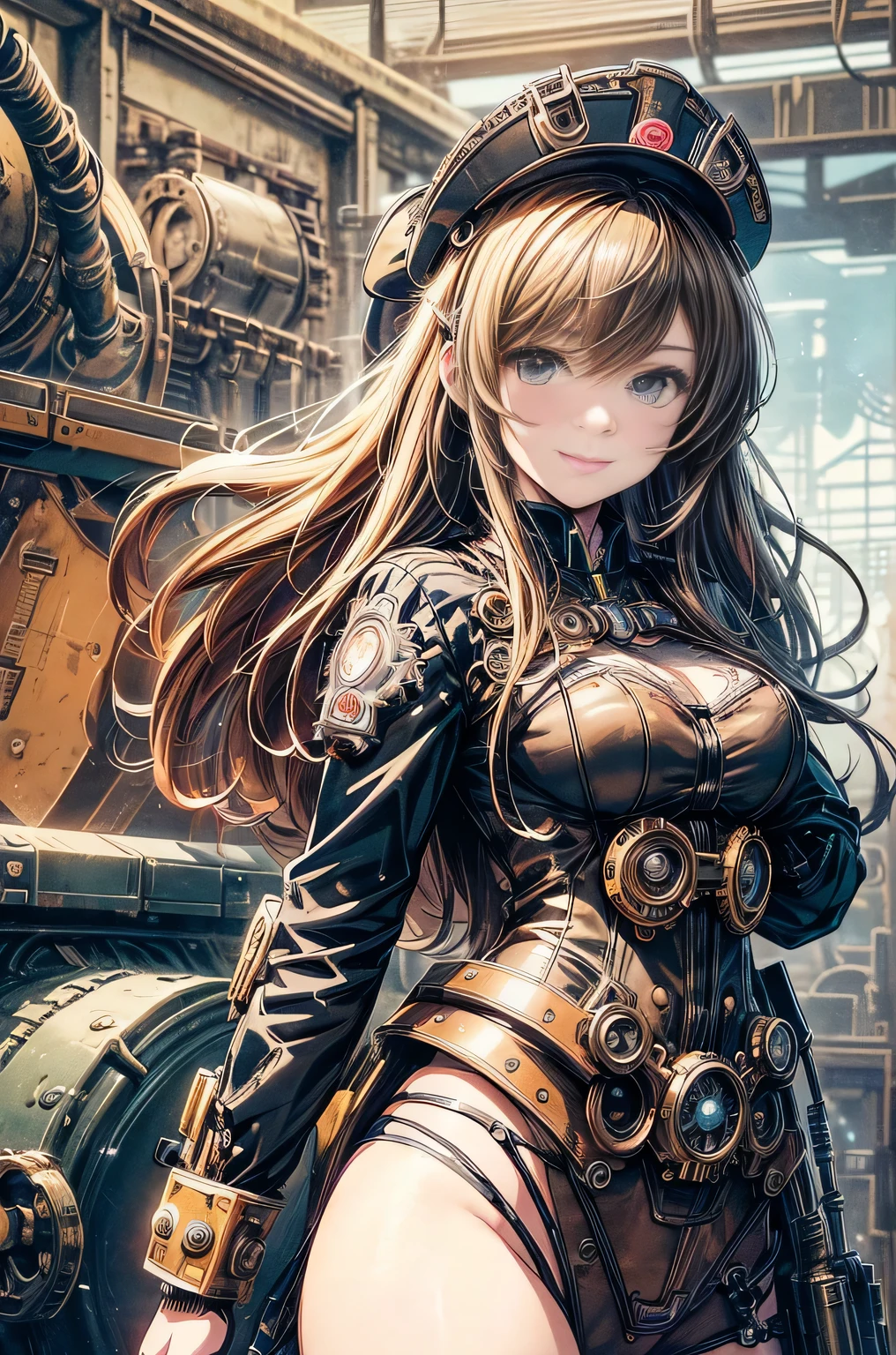 (comic book style),(line drawing_anime),(cowboy shot, highest quality, ),(Laura Budd Photo:1.2),(Laura Add Details:1.0),8k, flat color:0.8,1 girl,smile、(Highly decorative and complex mechanical steampunk fashion, lace flare dolphin hat、goggles 1.5、machinery background、Gear background、complex mechanized steampunk factory、1.5)