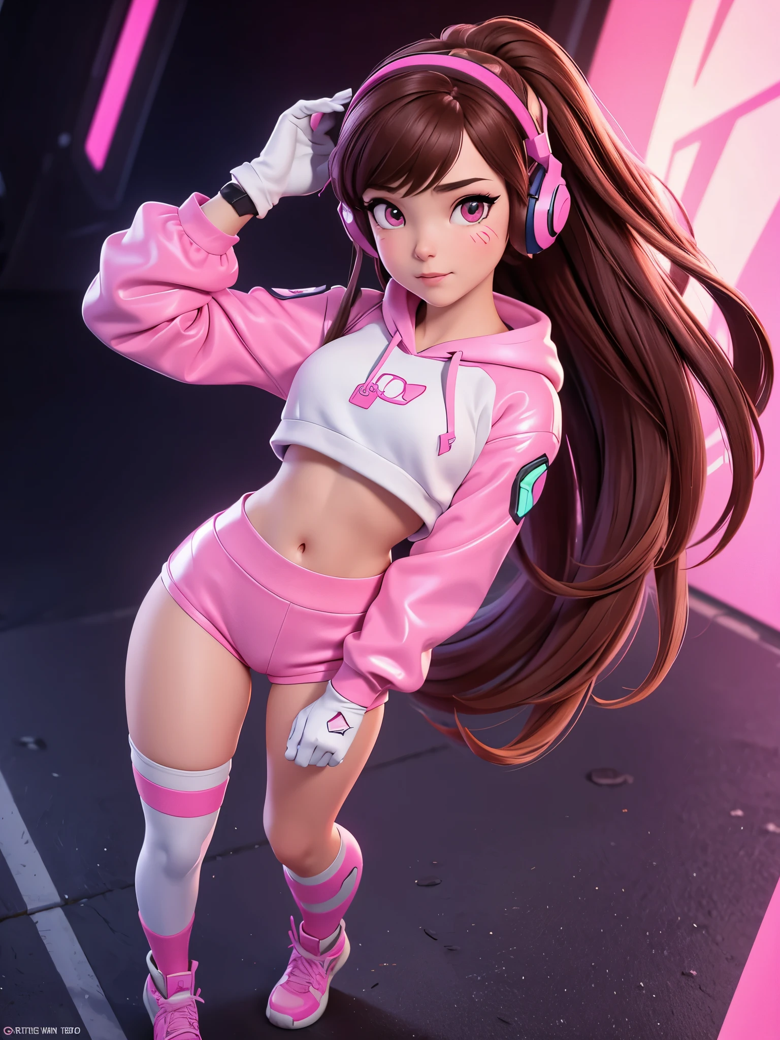 Masterpiece, Best Quality, High Resolution, 1Girl, Ultra High Resolution, Solo D.VA, Headphones, Pink eyes, Brown Hair, White Gloves, Face Decoration, Full Body Shot, Cute, Realistic, Cute Pose, Perfect Body, Cyber Punk background, wet street, Crop Top Hoodie, Latex Short Shorts