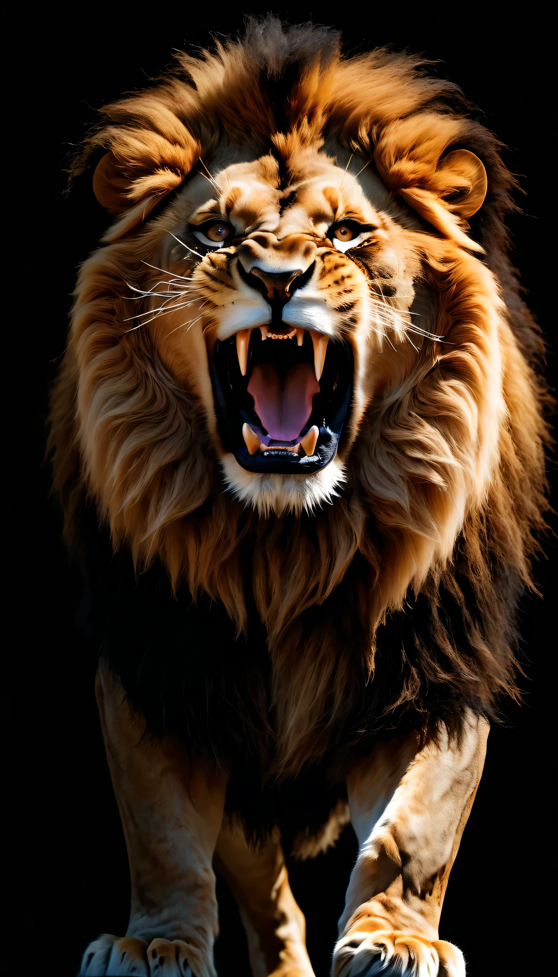 Ultra-realistic and captivating shot of a roaring lion in chiaroscuro, big, extreme details, looking at the viewer,