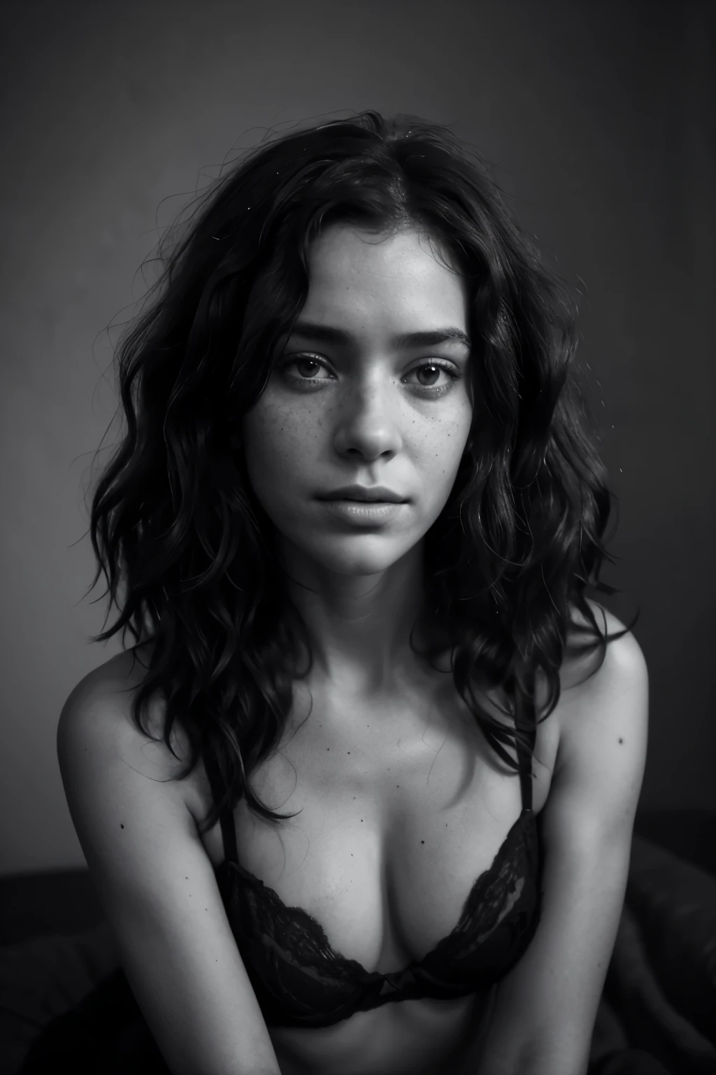 sally harland studio portraits 201314 – portrait of a beautiful black female, lingerie, long curly hair, freckles, in the style of patrick demarchelier, stark black-and-white photography, alena aenami, panasonic lumix s pro 50mm f/1.4, ray collins, chromatic intensity, soft-focused realism, nsfw
