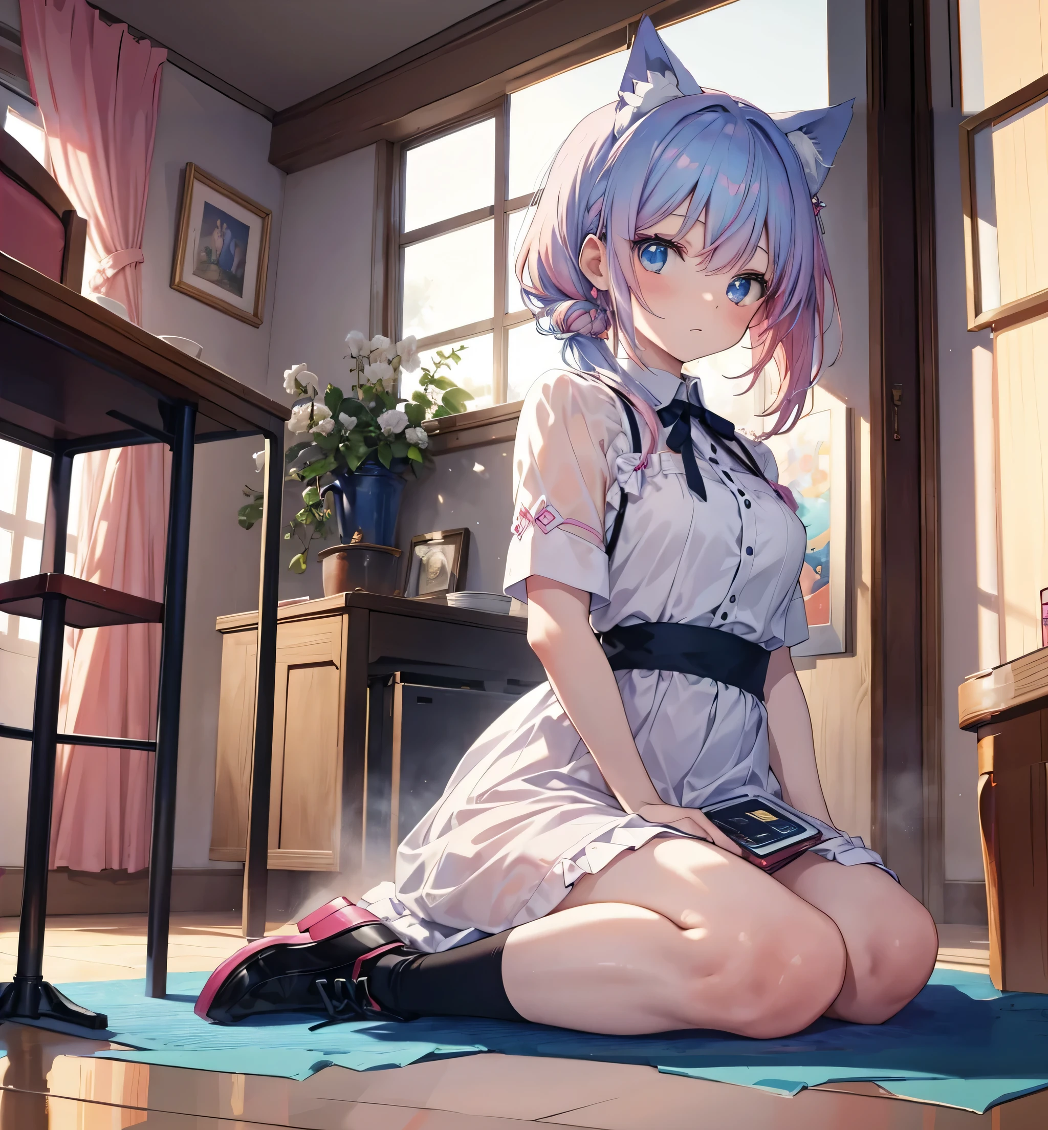 Anime girl sitting on the floor with legs crossed, Anime cute art style, anime style 4k, wearing clothes, best anime 4k konachan wallpapers, Smooth anime CG art, anime art wallpaper 8k, guweiz on pixiv artstation, Anime cat girl wearing maid outfit, cat ears anime girl
