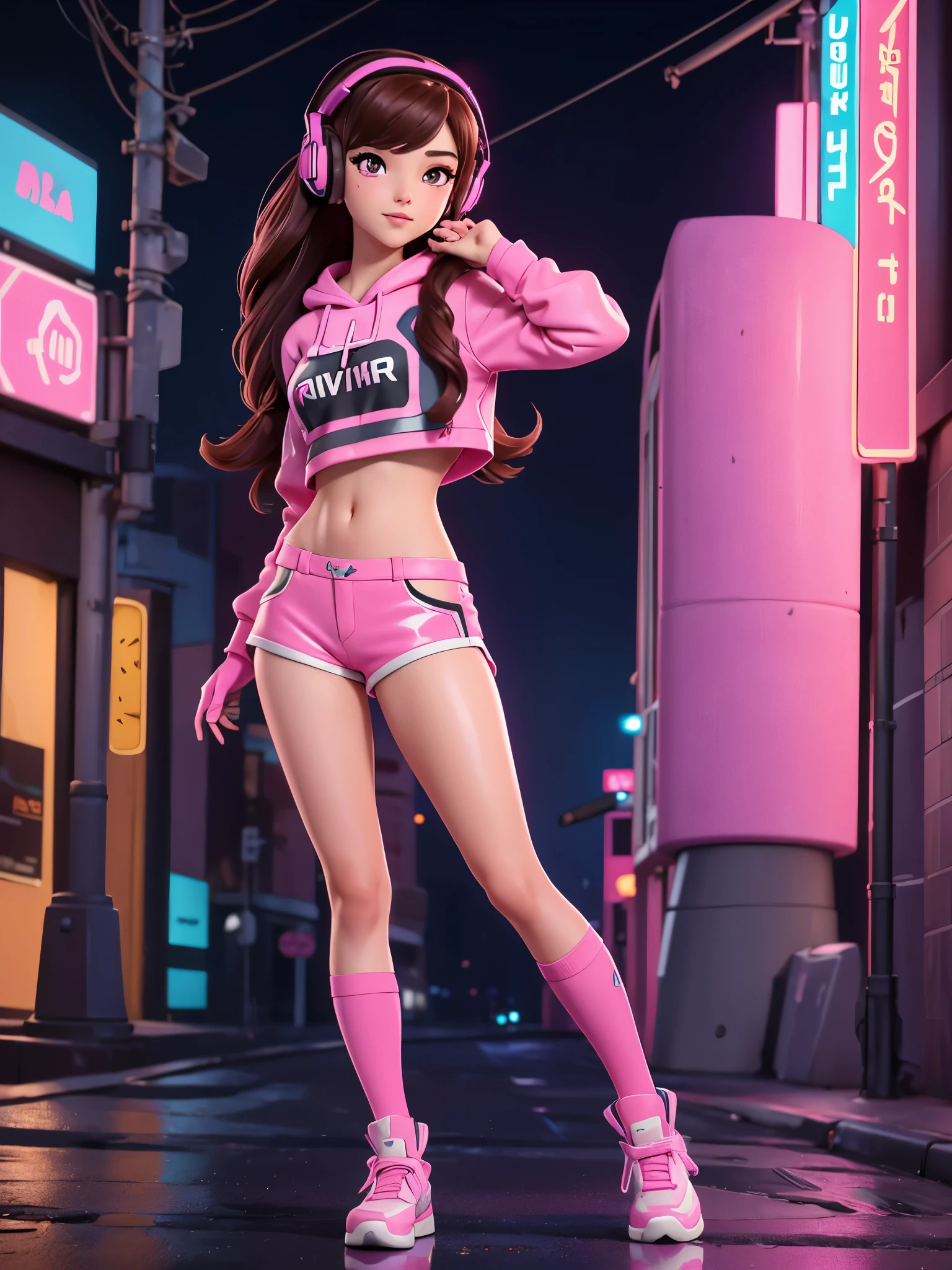 Masterpiece, Best Quality, High Resolution, 1Girl, Ultra High Resolution, Solo D.VA, Headphones, Pink eyes, Brown Hair, White Gloves, Face Decoration, Full Body Shot, Cute, Realistic, Cute Pose, Perfect Body, Cyber Punk background, wet street, city with neon lights, Crop Top Hoodie, Latex Short Shorts