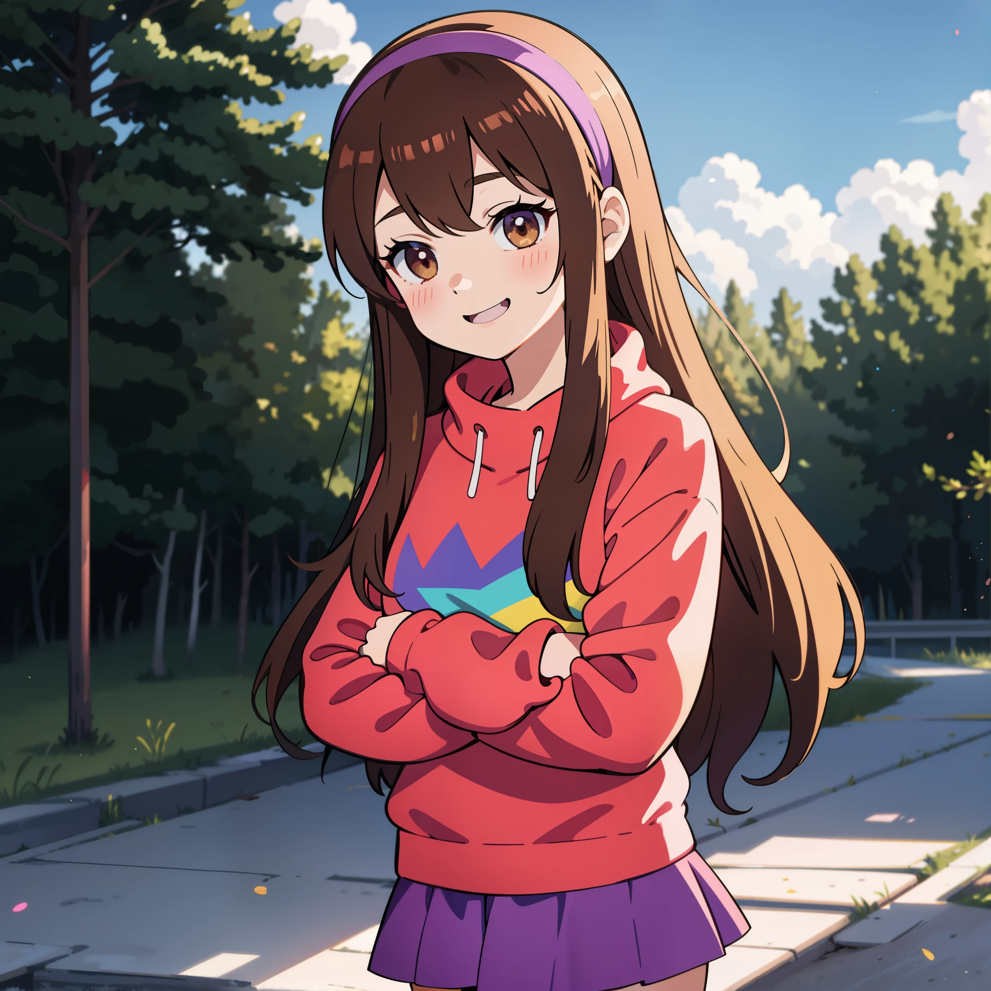 day, mabel pines ,anime style,masterpiece,best quality,Mabel,1girl, crossed arms,wallpaper, landscape, blood, blood splatter, depth of field, night, light particles, light rays, sidelighting, thighs, fate \(series\) solo,upper body,long hair,red sweater,long sleevess,brown hair,black eyes,pink hairband ,rainbow,star \(symbol\),rainbow, purple skirt,smile ,blush stickers ,round teeth,buck teeth ,tree,blue sky, wide hips