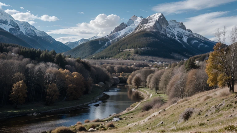 "Un paysage de montagne spectaculaire, Des sommets enneigés s'élèvent majestueusement vers le ciel, tandis que des vallées verdoyantes s'étendent à leurs pieds. A stream winds through the valley, creating a striking contrast between bare rock and lush vegetation. Clouds move slowly across the sky, creating constantly changing shadows on the landscape. Image au format 4096 x 2304 pixels."