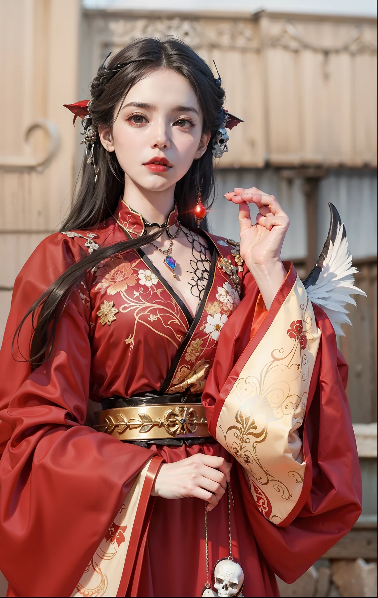 (masterpiece:1.4), (best quality:1.4), ultra high res, ultra high resolution, ((detailed facial features)), HDR, (realistic, photorealistic, photo-realistic:1.37), full body Esbian, sexy Thai model, (-anime), vivid colors, ((vivid colors multicolor (red, fuchsia) very short hair)), (happy smile), lip-gloss, long lashes, ultra detailed metallic makeup, defined eyebrows, wearing large sparkling colorful jewelery, (wearing a red silk Paradise Kiss cosplay dress with black floral embroidery), ((vivid colors outfit)), vivid colors, look at the camera, cinematic light, large park background with trees, sweet and sexy pose