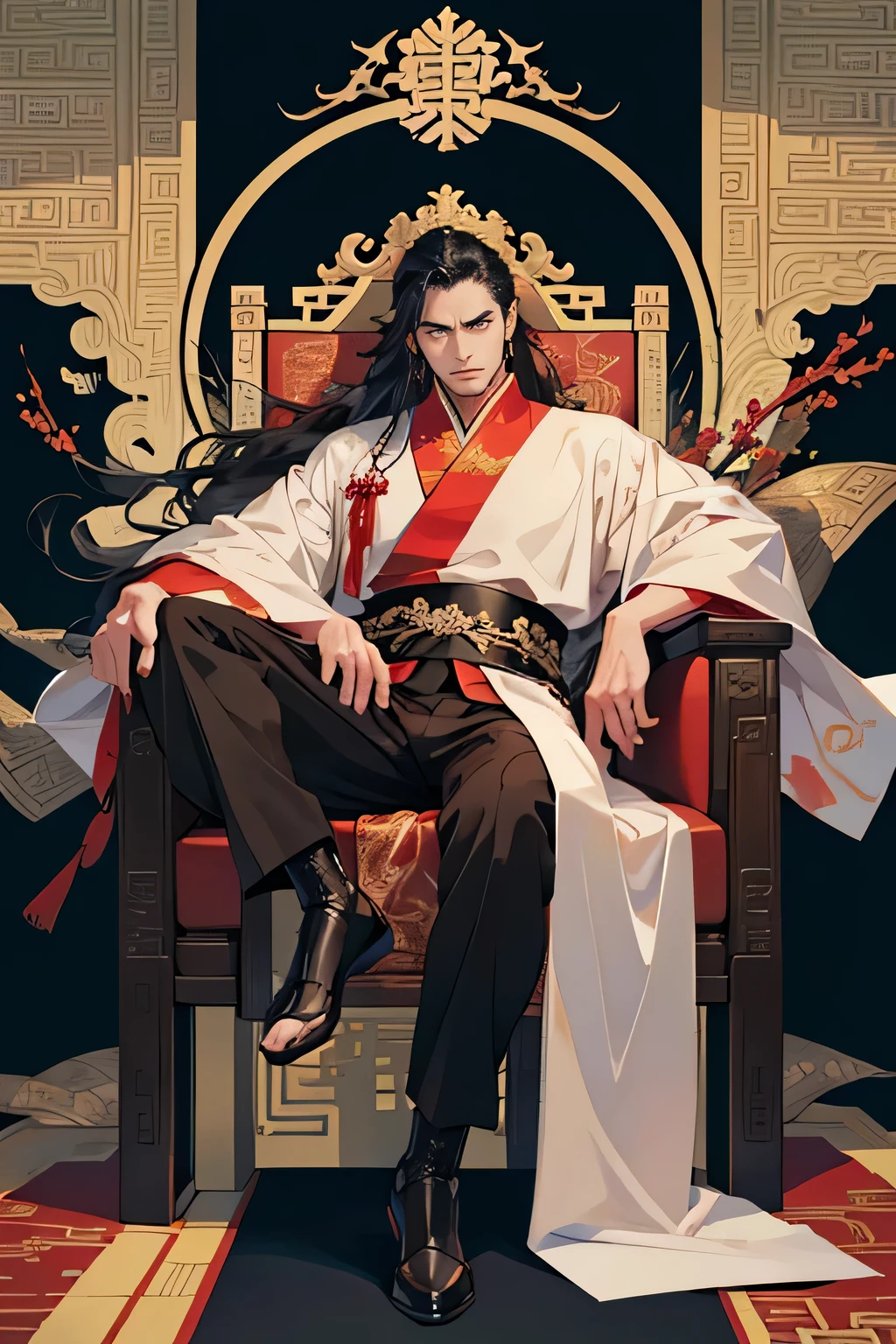 man, Age 25, Chinese Emperor, Long hair pulled back. handsome, fierce face, black and red hanfu mafia (sitting on the throne) Chinese architecture background in buildings novel cover, Manhwa, romantic book cover, novel cover, illustrated novel, (((full body photo)))