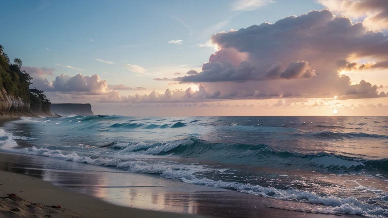 A sunrise on a deserted beach, Les couleurs du ciel changent rapidement, passant du violet au rose, then orange and red. Les vagues se brisent doucement sur le sable, creating a relaxing sound that blends with the song of seabirds. Les coquillages et les rochers érodés par la mer sont dispersés sur la plage, creating interesting shapes and varied textures. Image au format 3200 x 1800 pixels