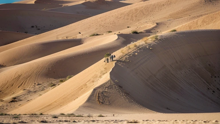 Un désert aride et sauvage, Sand dunes move slowly in the wind, creating ephemeral shapes and abstract patterns. Des cactus et des buissons épineux poussent dans les interstices des rochers, offrant de l'ombre et de la nourriture aux animaux qui y vivent. The sun shines brightly, creating long shadows and strong contrasts. Image au format 2560 x 1440 pixels.