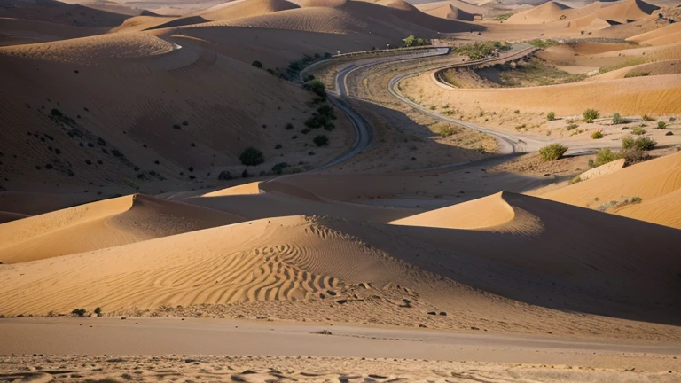 Un désert aride et sauvage, Sand dunes move slowly in the wind, creating ephemeral shapes and abstract patterns. Des cactus et des buissons épineux poussent dans les interstices des rochers, offrant de l'ombre et de la nourriture aux animaux qui y vivent. The sun shines brightly, creating long shadows and strong contrasts. Image au format 2560 x 1440 pixels.