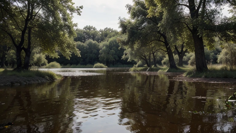 A mysterious and wet swamp, Des nénuphars et des iris bordent les berges, tandis que des libellules et des papillons volent au-dessus de l'eau. Des grenouilles et des tortues se cachent dans les roseaux, attendant la nuit pour sortir et chasser. Dead trees emerge from the water, creating strange shapes and interesting textures. Image au format 1920 x 1080 pixels.