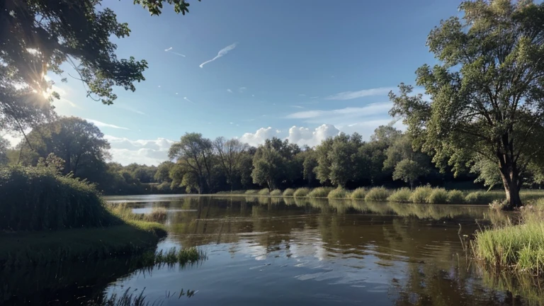 A mysterious and wet swamp, Des nénuphars et des iris bordent les berges, tandis que des libellules et des papillons volent au-dessus de l'eau. Des grenouilles et des tortues se cachent dans les roseaux, attendant la nuit pour sortir et chasser. Dead trees emerge from the water, creating strange shapes and interesting textures. Image au format 1920 x 1080 pixels.