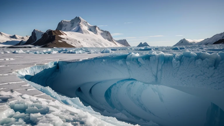 Un glacier majestueux et impressionnant, Blocks of blue ice are slowly breaking away from the glacier, creating abstract shapes and unique textures. The crevasses and seracs offer interesting perspectives, while the reflections of the sky in the water create amazing colors. Les cris des oiseaux de mer se mélangent au bruit de la glace qui se brise. Image au format 4096 x 2304 pixels.