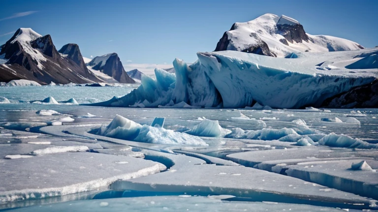 Un glacier majestueux et impressionnant, Blocks of blue ice are slowly breaking away from the glacier, creating abstract shapes and unique textures. The crevasses and seracs offer interesting perspectives, while the reflections of the sky in the water create amazing colors. Les cris des oiseaux de mer se mélangent au bruit de la glace qui se brise. Image au format 4096 x 2304 pixels.