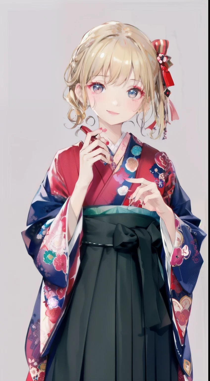 High resolution、An illustration、1 girl、beautiful face、cute、white background、2D、Hakama、pink kimono、ネイビーのHakama、all back、Upper body、gal、(wheat-colored skin:1.2)、Makeup、blonde hair、pink lipstick、grinning、graduation ceremony、black eyes、